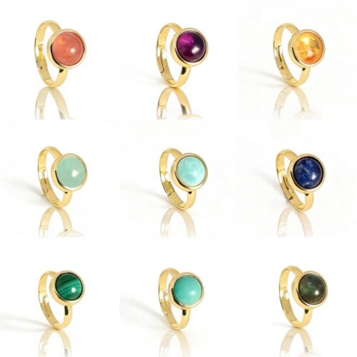 Natural crystal semi precious stone ring round copper gold-plated simple adjustable ring